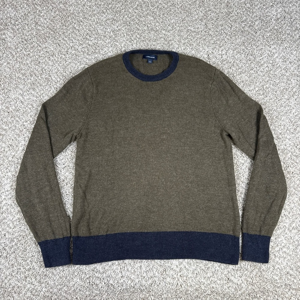 J Crew Sweater Mens L Green Crewneck Ribbed Contrast Hem Cotton Wool